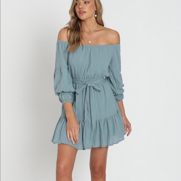 Off Shoulder Mini Dress in Sage - Picture 1 of 4